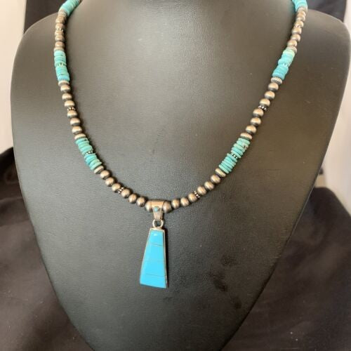 Blue Turquoise Inlay Pendant Navajo Pearls Sterling Silver Necklace 12614