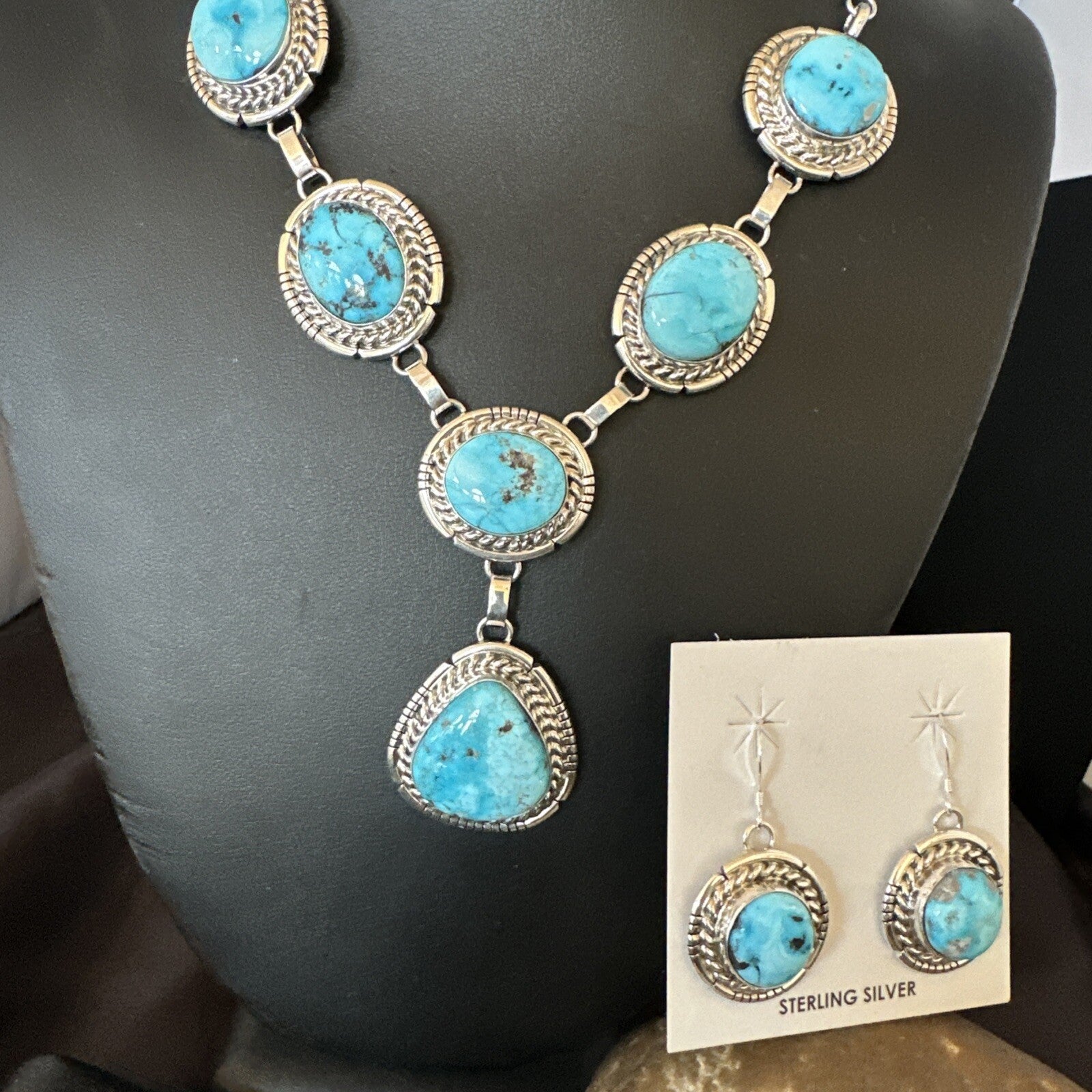New Women Blue Kingman Turquoise Necklace Earrings Sterling Silver 19” 18620