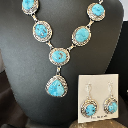 New Women Blue Kingman Turquoise Necklace Earrings Sterling Silver 19” 18620