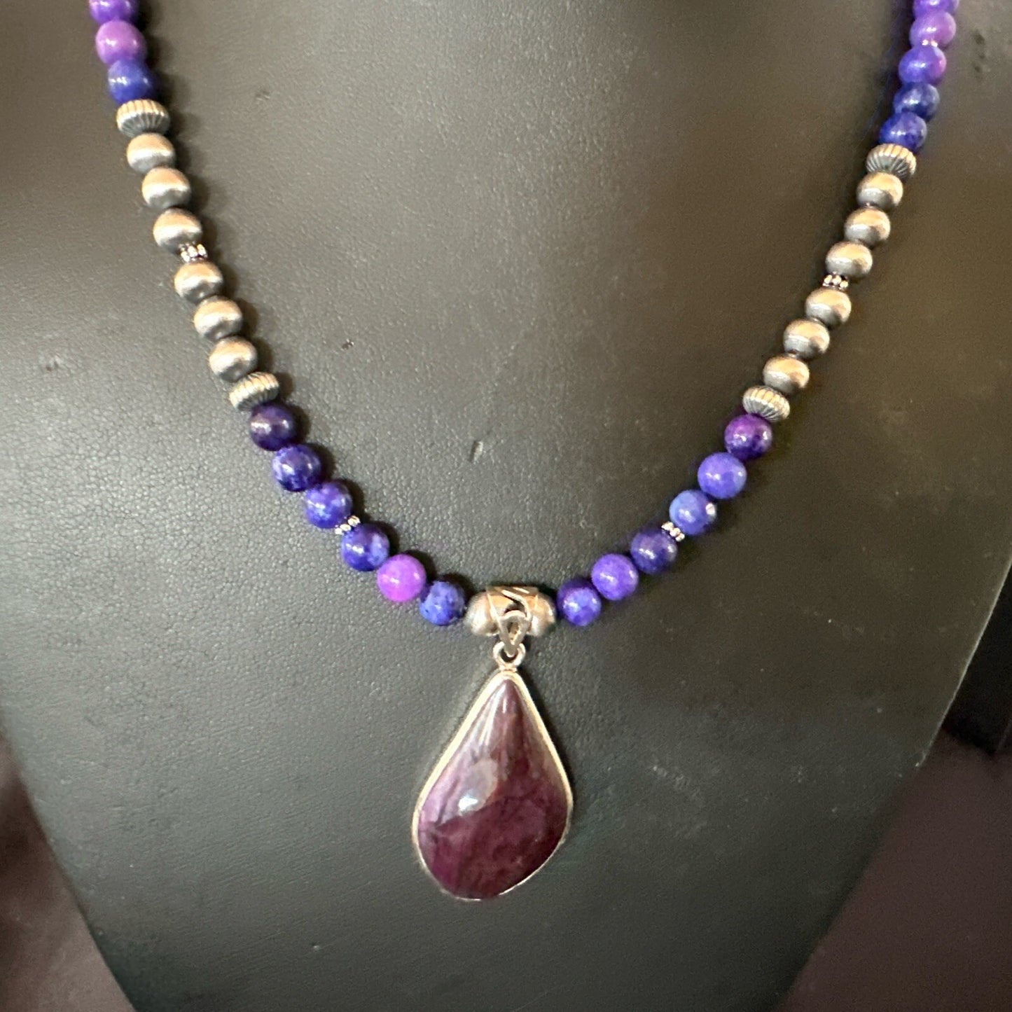 Purple Stone Pendant Navajo Pearls Sterling Silver Necklace 23" 17891