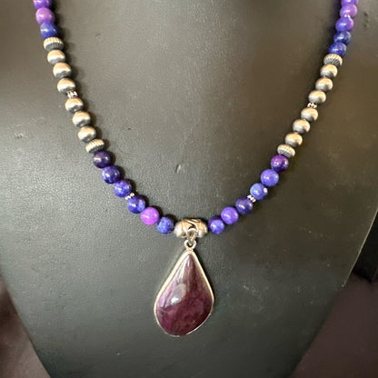 Purple Stone Pendant Navajo Pearls Sterling Silver Necklace 23" 17891