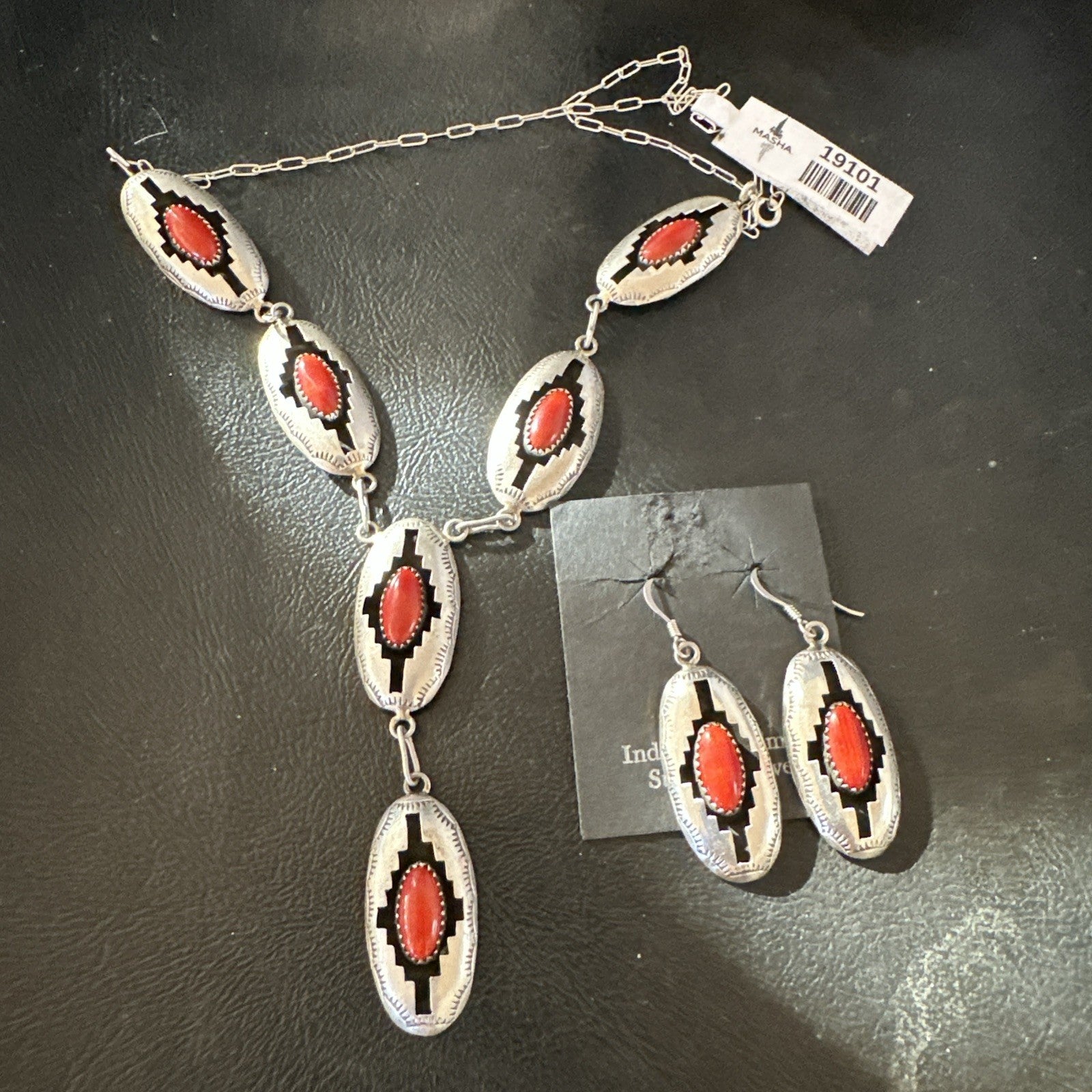 Old Native Navajo Red Coral Sterling Silver Shadowbox Necklace Earrings 18”19101