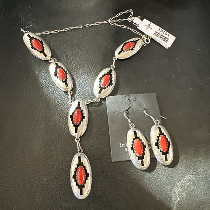 Old Native Navajo Red Coral Sterling Silver Shadowbox Necklace Earrings 18”19101