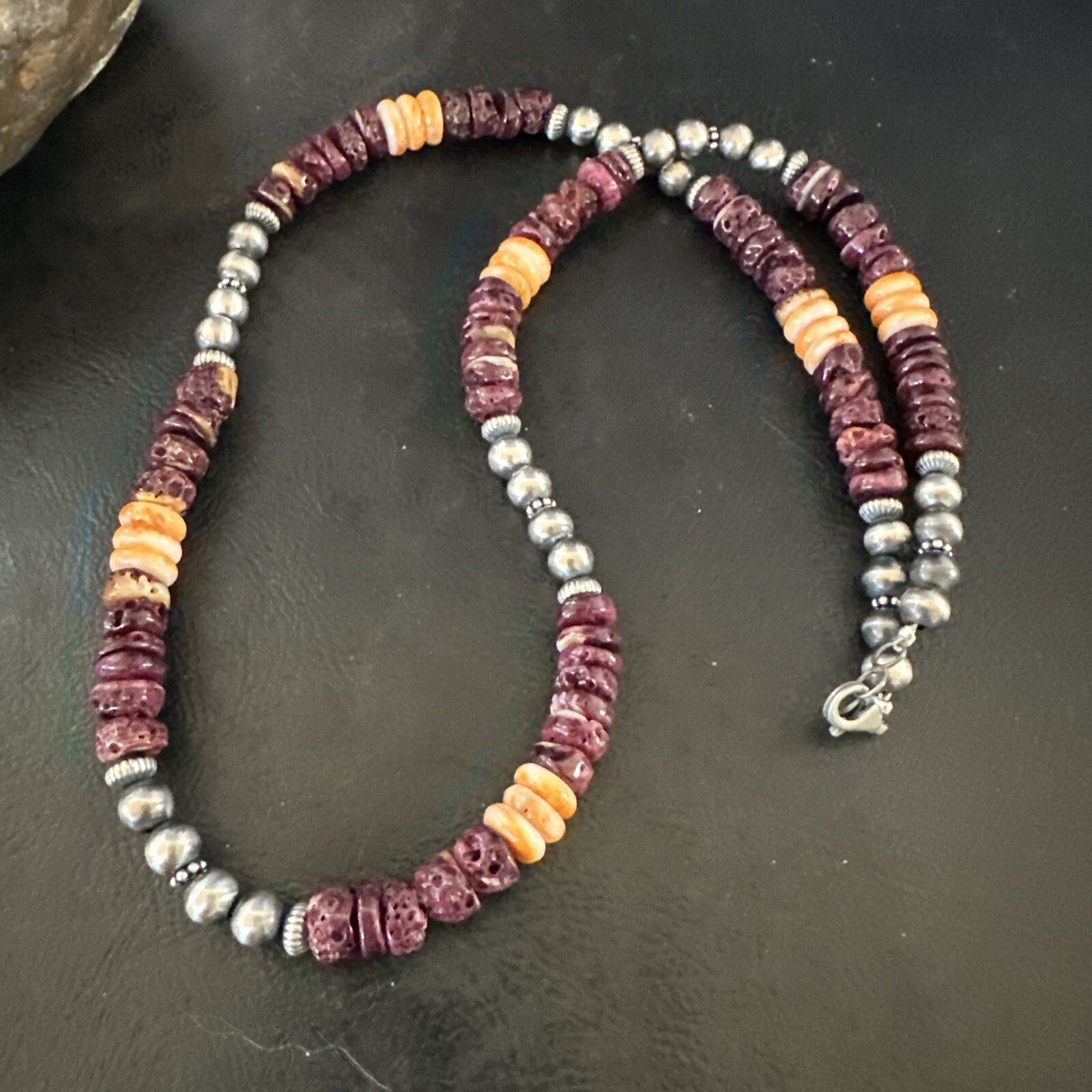 Navajo Sterling Necklace Purple Orange Spiny Oyster  20" 17702