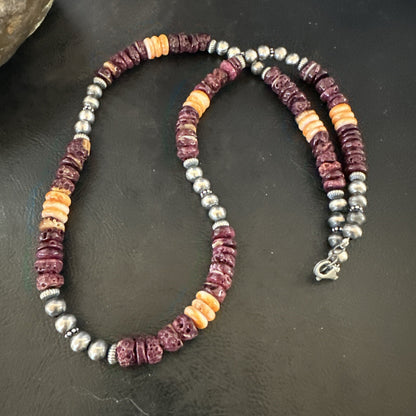 Navajo Sterling Necklace Purple Orange Spiny Oyster  20" 17702