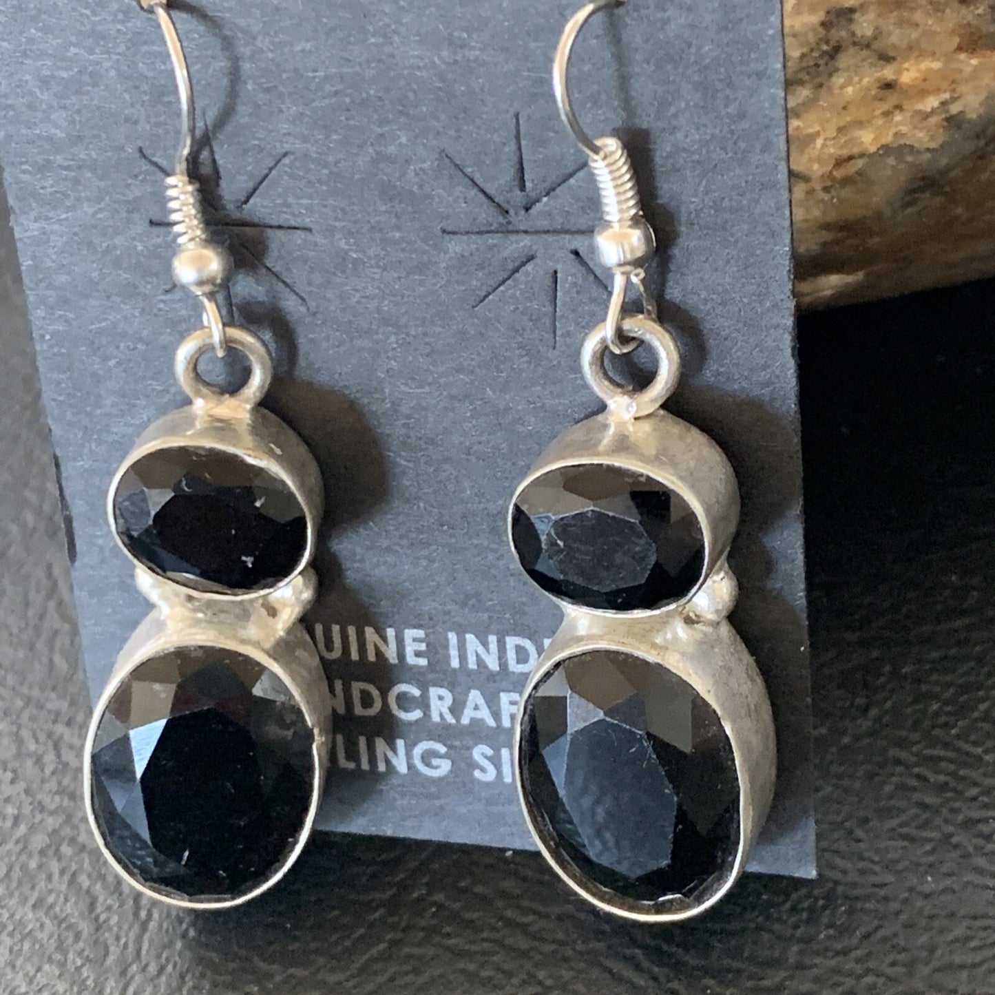 Native Black Smokey Quartz Navajo Sterling Silver Dangle Drop Earrings 12686