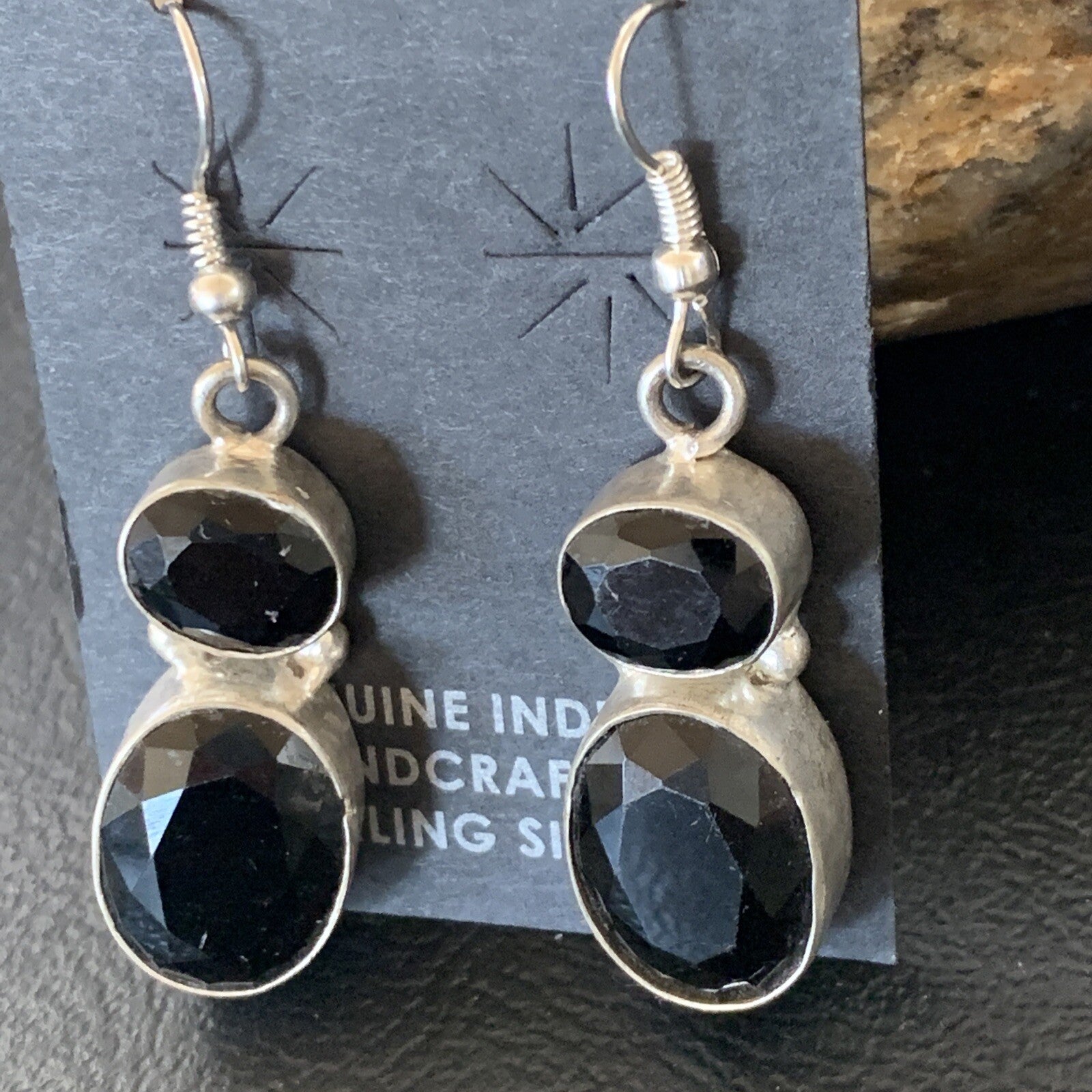 Native Black Smokey Quartz Navajo Sterling Silver Dangle Drop Earrings 12686