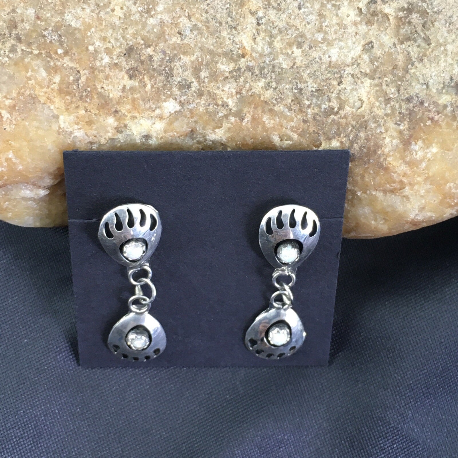 White Opal Navajo Sterling Silver Post Dangle Bear Paw Earrings 1.30" 08694