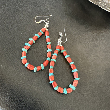Blue Turquoise Coral Navajo Sterling Silver Earrings 2” 18835