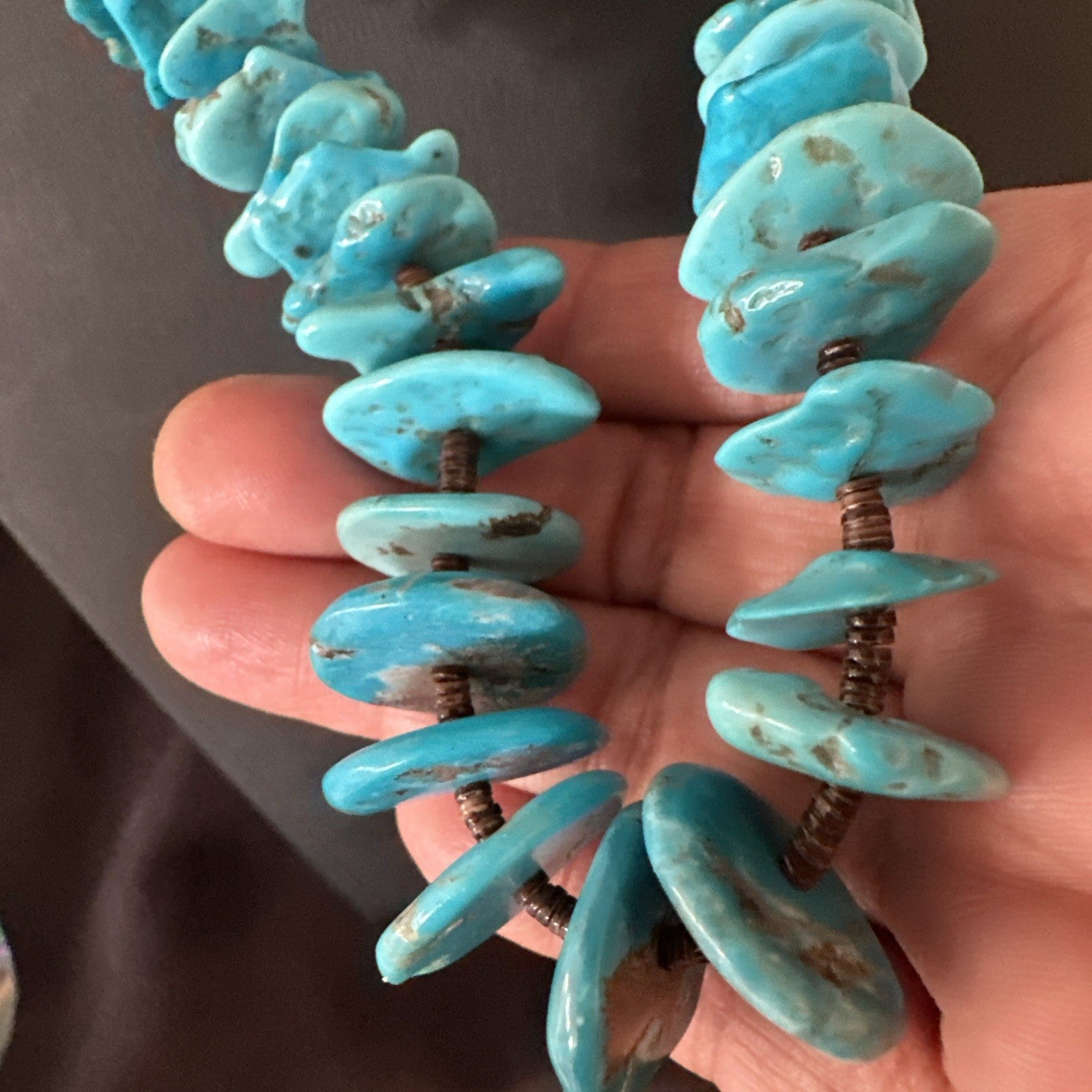 Navajo Kingman Turquoise Shell Heishi Sterling Silver Bead 24” Necklace 19633