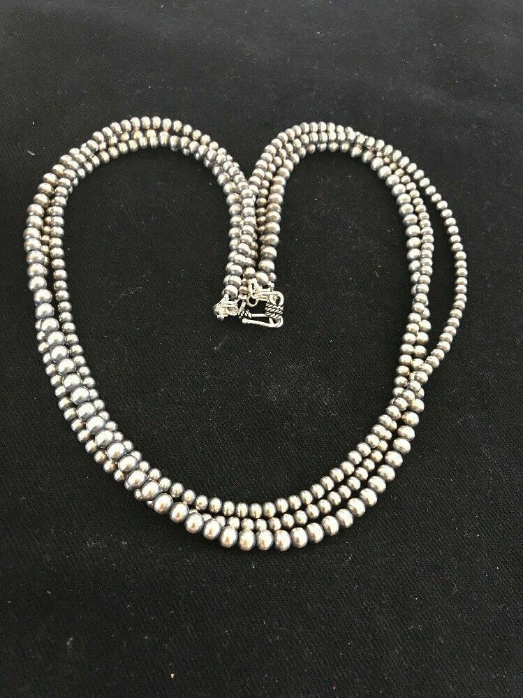Native American 4, 5, 6 mm Sterling Silver Beads 3 Strand 36” Necklace