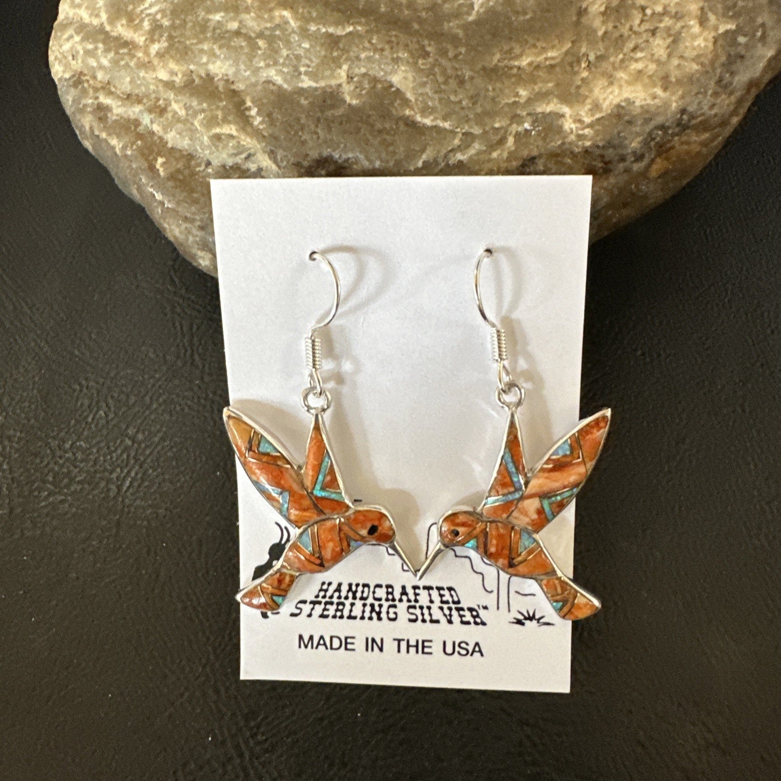 Orange Spiny Oyster Opal Sterling Silver Hummingbird Dangle Earrings 19133