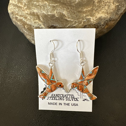Orange Spiny Oyster Opal Sterling Silver Hummingbird Dangle Earrings 19133