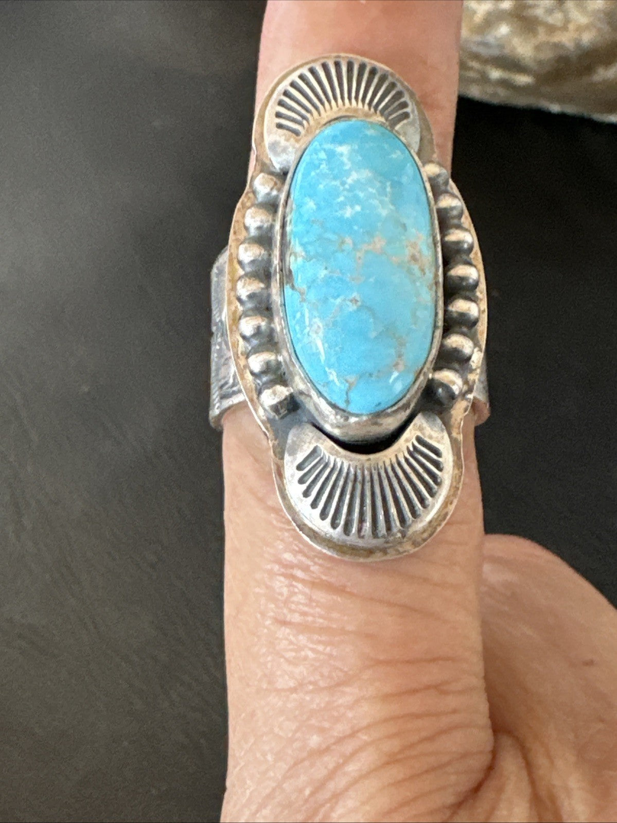 WoMens Blue Kingman Turquoise Navajo Sterling Silver Adjustable Ring Sz 8 19421