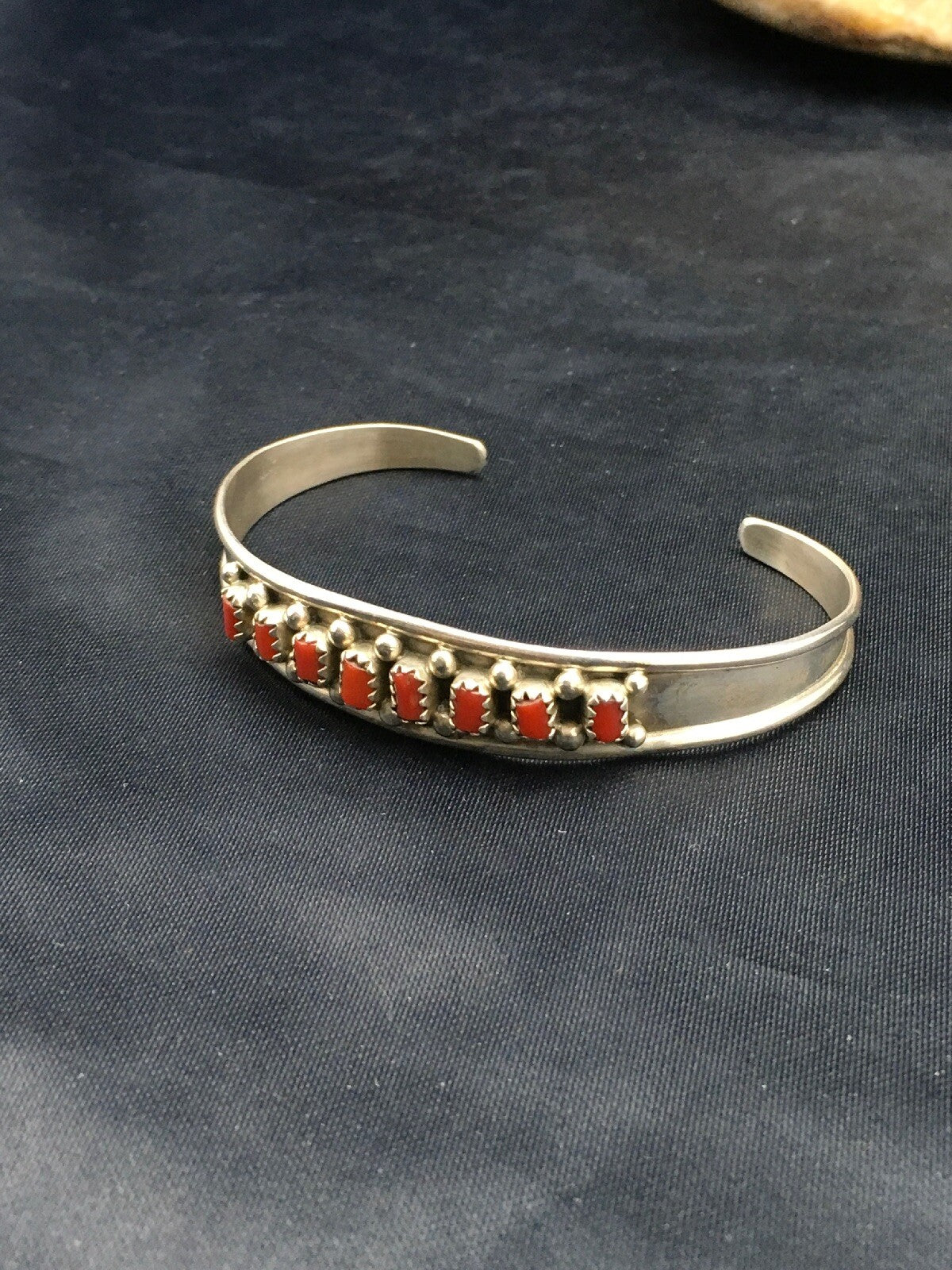 Native American Indian Coral Petite Navajo Sterling Silver Bracelet 04027