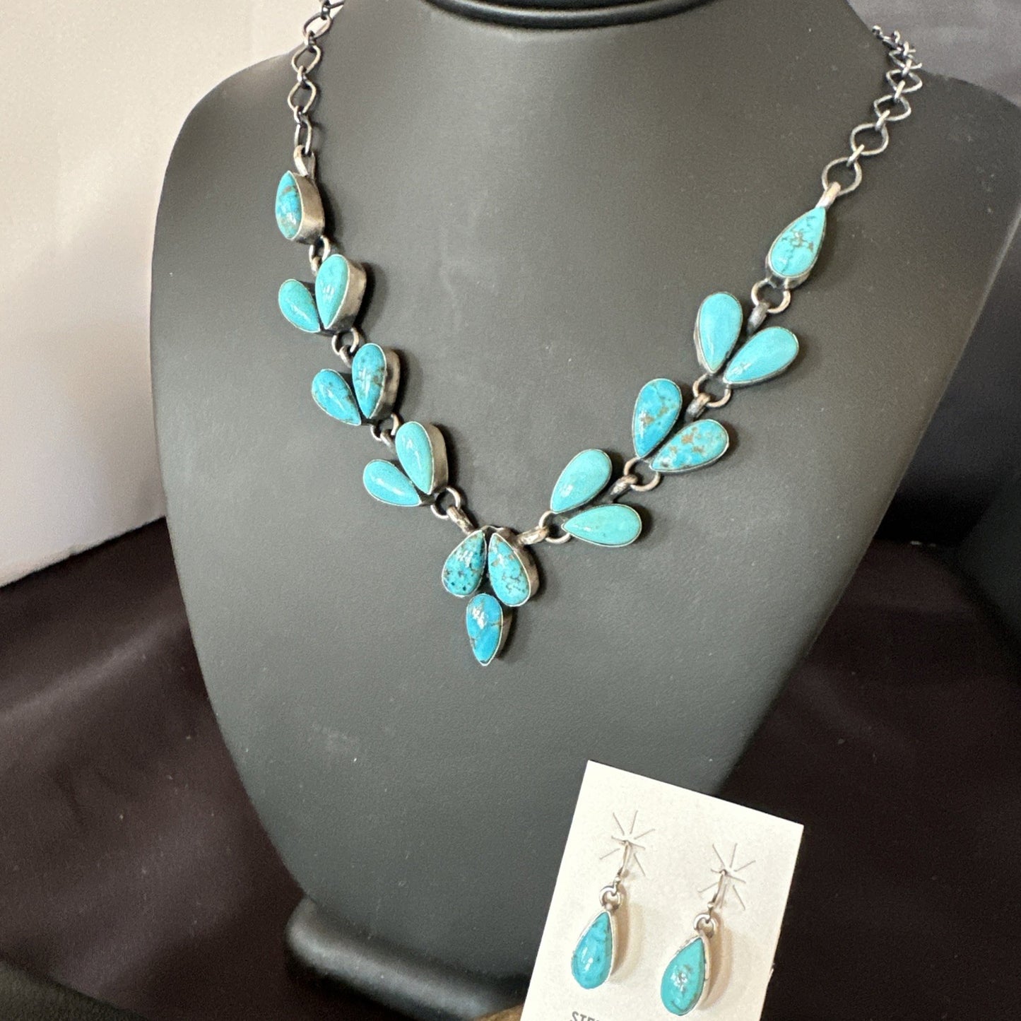 Kingman Turquoise Navajo Sterling Silver Earrings & Lariat Necklace 19" 19278