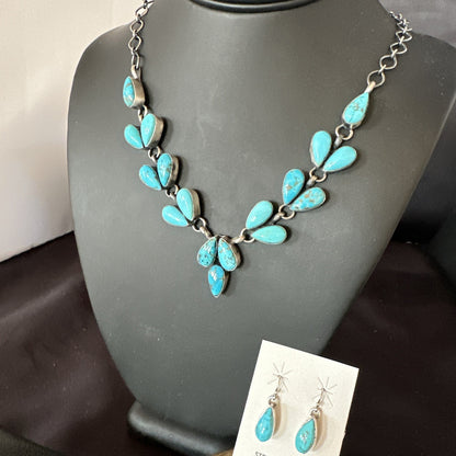 Kingman Turquoise Navajo Sterling Silver Earrings & Lariat Necklace 19" 19278
