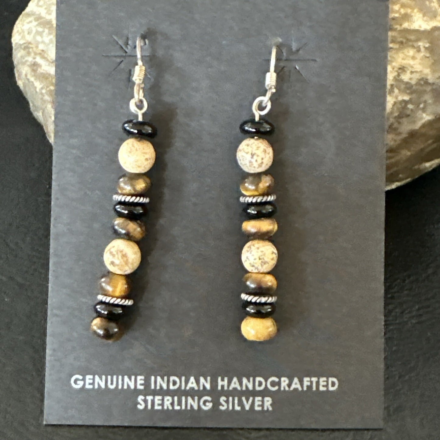Navajo Sterling Silver Tigers Eye Picture Jasper Onyx Dangle Earrings 18721