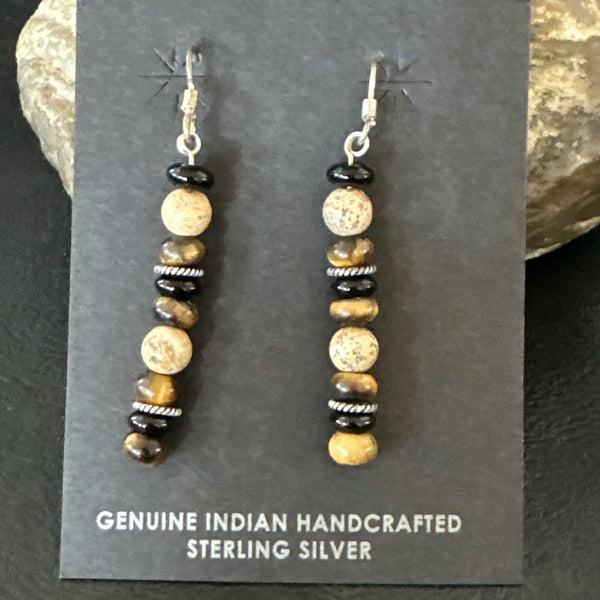 Navajo Tigers Eye Picture Jasper Onyx Dangle Earrings | Sterling Silver | Authentic Native American Handmade | 18721