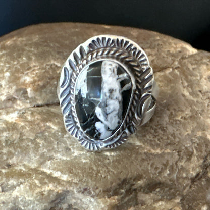 Mens Womens White Buffalo Turquoise Navajo Sterling Silver Ring Size 9 18587