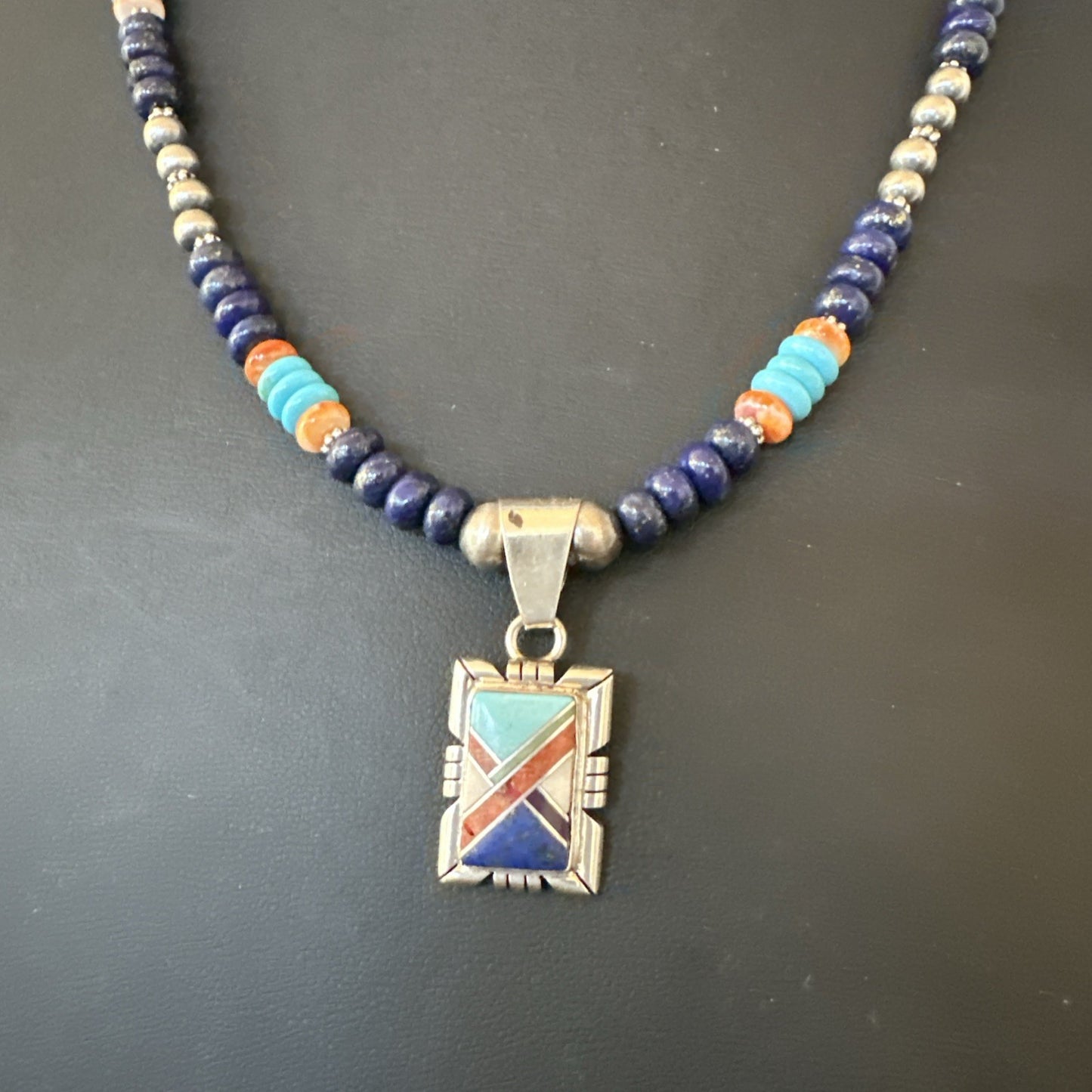 Multicolor Turquoise Coral Navajo Sterling Silver Inlay Pendant Necklace 19651