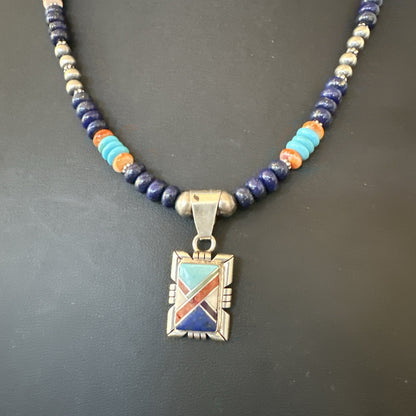 Multicolor Turquoise Coral Navajo Sterling Silver Inlay Pendant Necklace 19651
