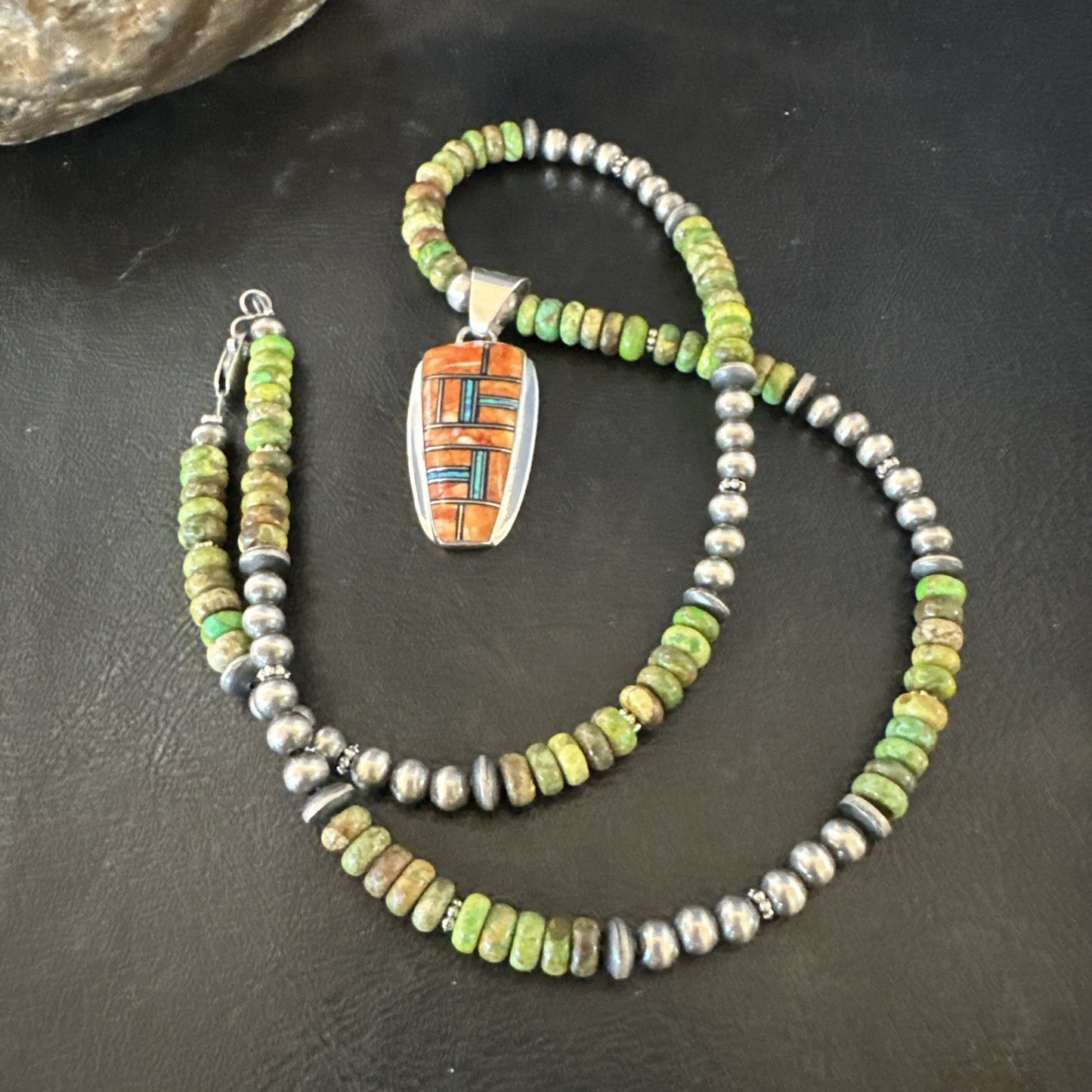 Green Turquoise Orange Spiny Pendant Sterling Silver Necklace 21” 19228