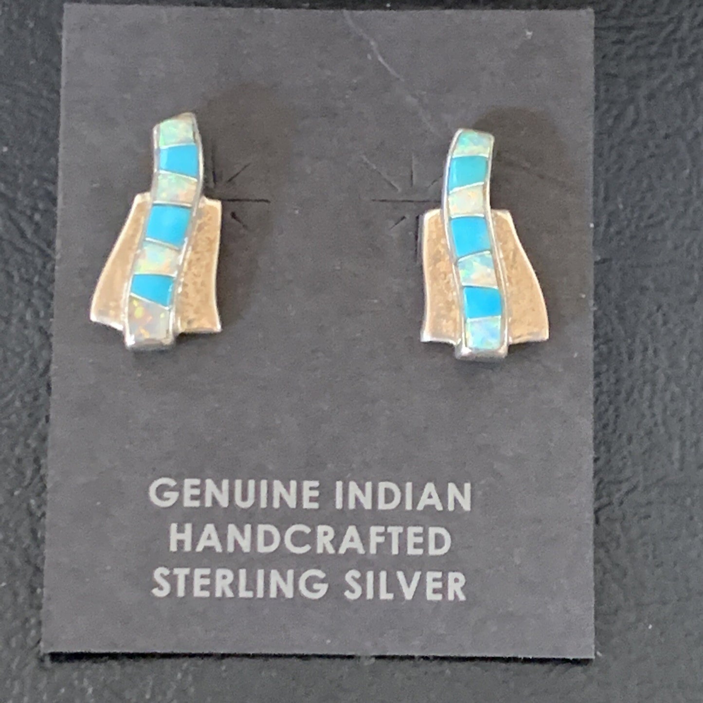 Womens Blue Turquoise & White Opal Navajo Sterling Silver Inlay Earrings 12898
