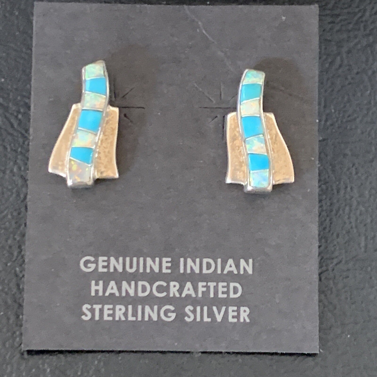 Womens Blue Turquoise & White Opal Navajo Sterling Silver Inlay Earrings 12898