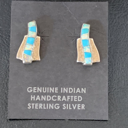 Womens Blue Turquoise & White Opal Navajo Sterling Silver Inlay Earrings 12898