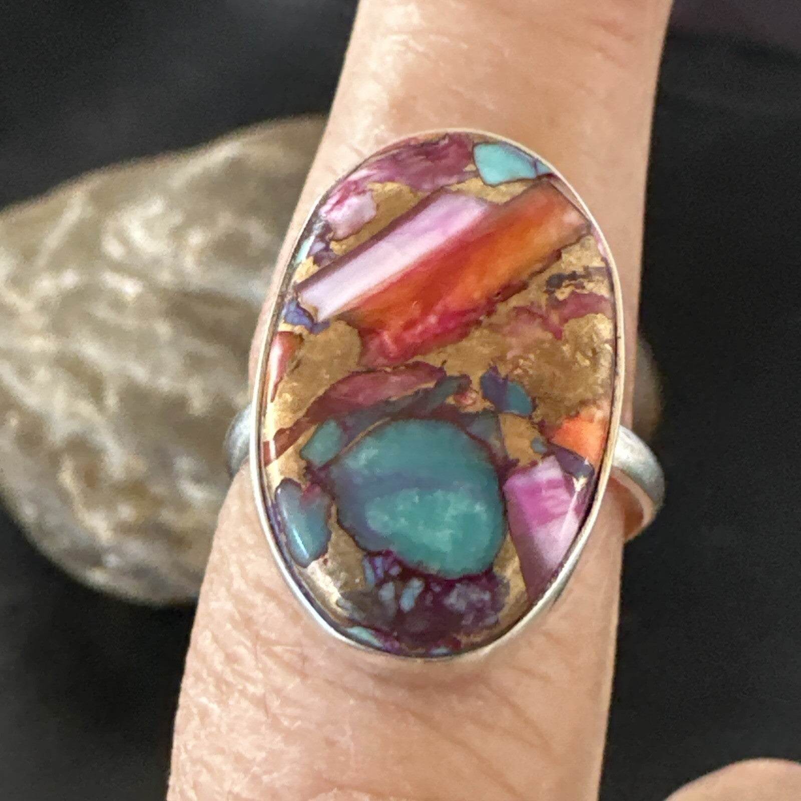 Blue Turquoise Spiny Oyster Southwestern Sterling Silver Ring Size 9 18539
