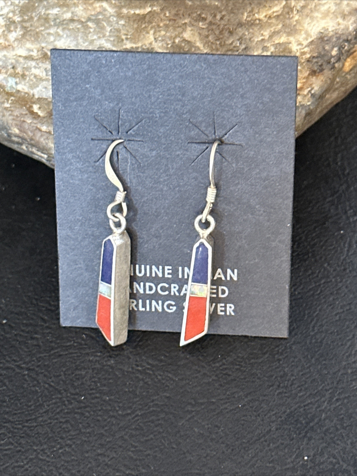 Lapis Opal & Coral Navajo Sterling Silver Inlay Earrings 1” 14766