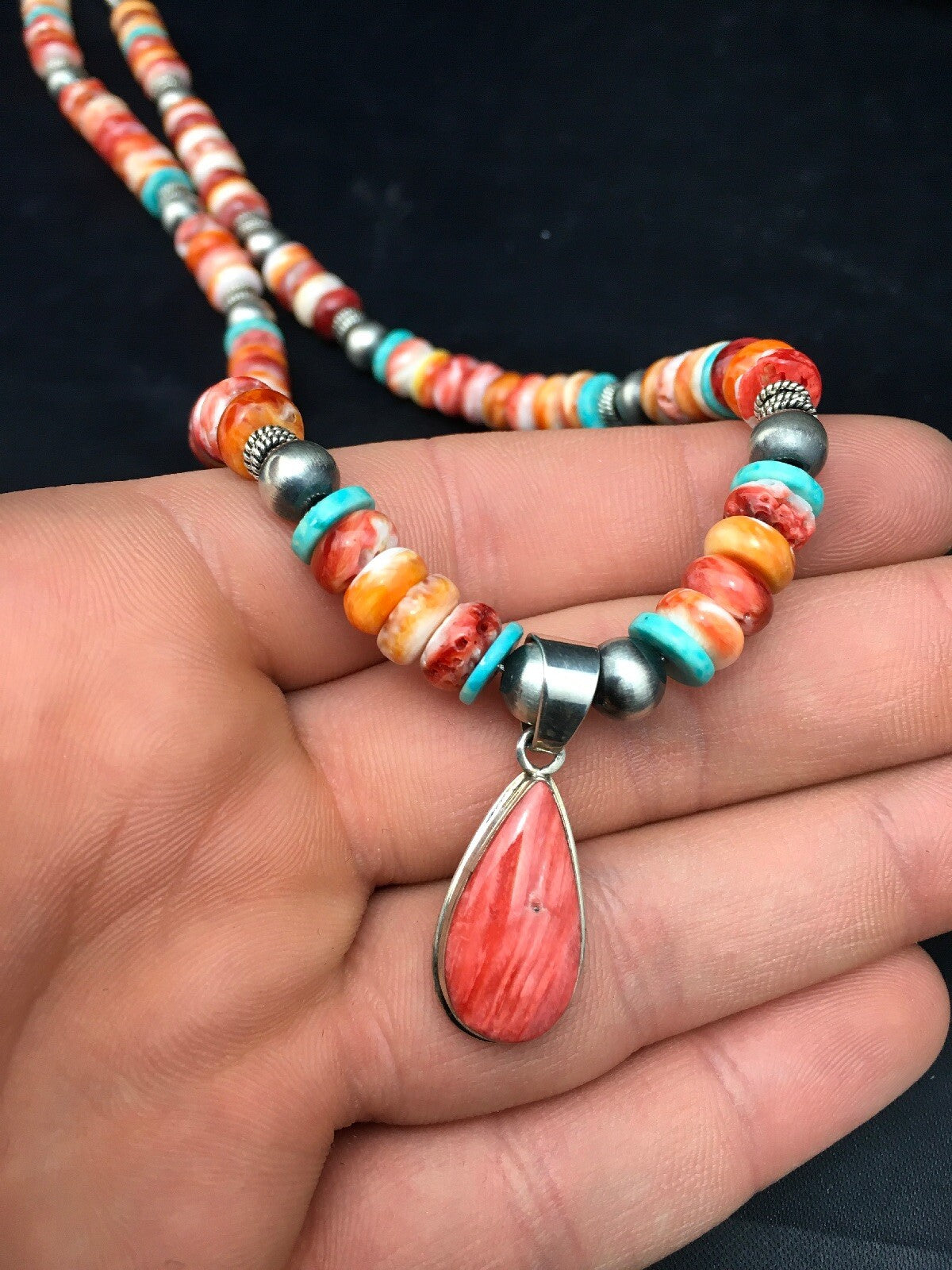 Spiny Oyster Pendant Turquoise Navajo Sterling Silver Necklace 19" 4522