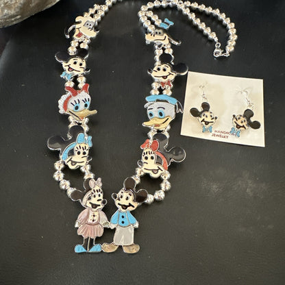 MICKEY MOUSE ZUNI TURQUOISE STERLING SILVER SQUASH BLOSSOM EARRINGS 17784