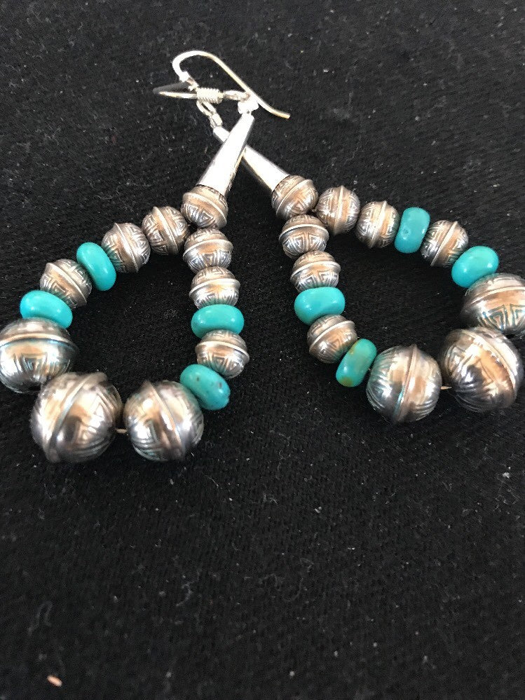 Native Sterling Silver Stamped Turquoise Bead Earrings 10090
