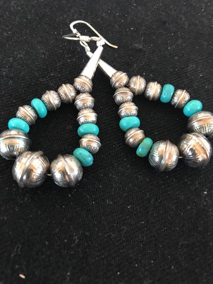 Native Sterling Silver Stamped Turquoise Bead Earrings 10090
