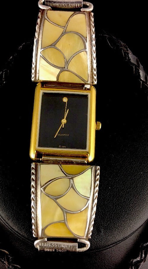 Yellow Mother Of Pearls Zuni Sterling Silver Old Pawn Bolo Tie & Watch 03114