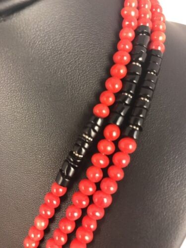 Navajo Coral Necklace Pendant Sterling Silver 20" 3 Strand 8006
