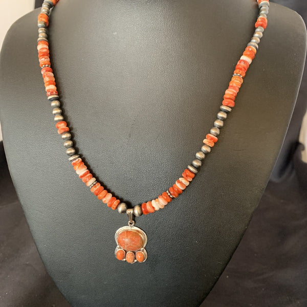 Apple Coral Pendant Spiny Oyster Navajo Pearls Necklace | Sterling Silver | Authentic Native American Handmade | 12389