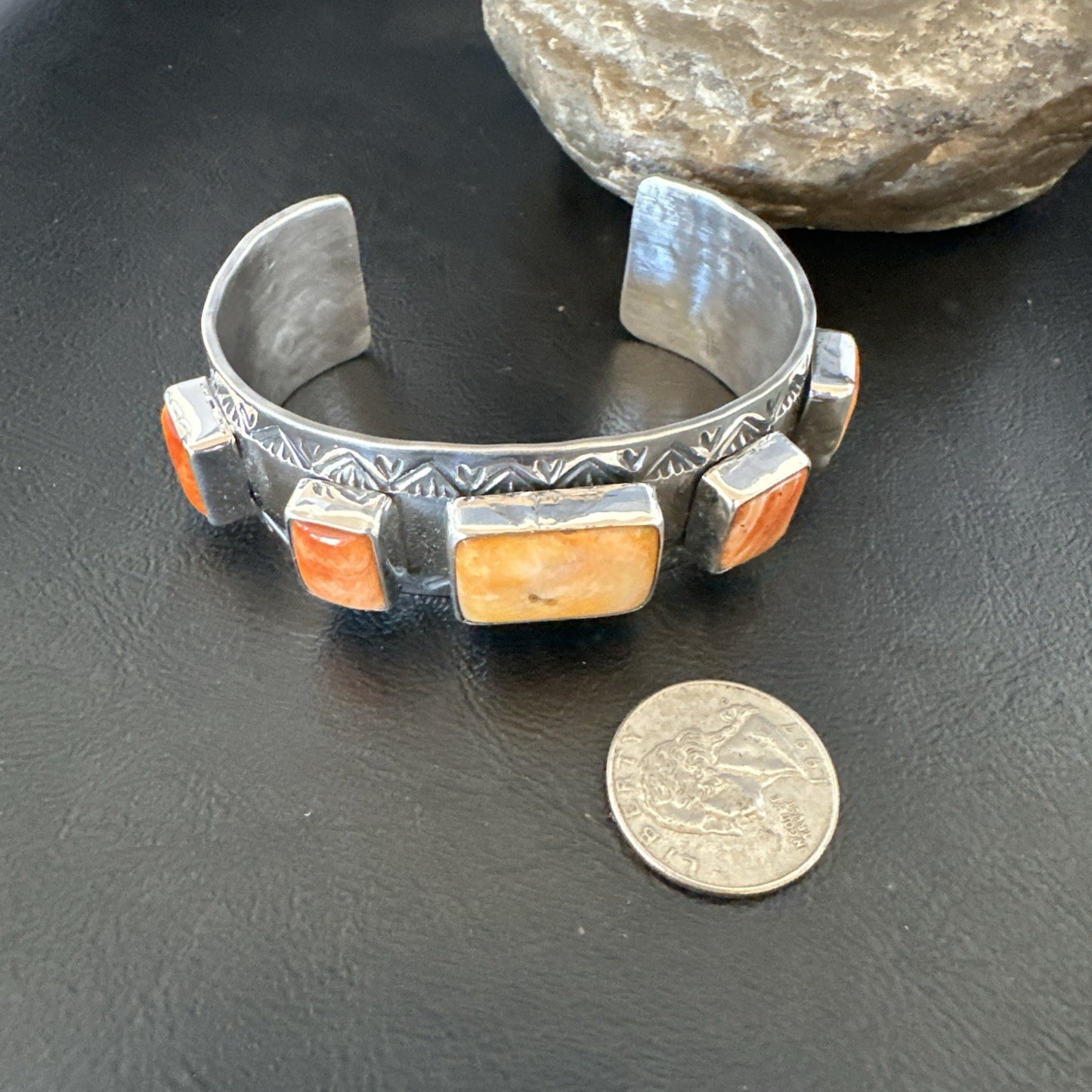 Orange Spiny Oyster 5 Stone Row Sterling Silver Navajo Cuff Bracelet 7.7" 19478