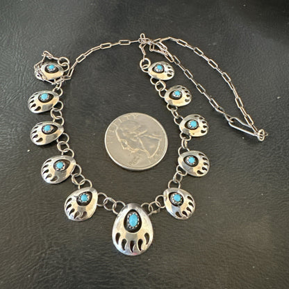 Blue Turquoise Navajo Sterling Silver Bear Paw ShadowBox Necklace 17" 19745