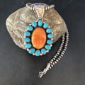 Blue Cluster Kingman Turquoise Orange Spiny Oyster Pendant | Sterling Silver | Authentic Native American Handmade | 14278