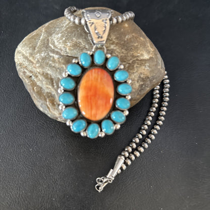 Blue Cluster Kingman Turquoise Sterling Orange Spiny Oyster Pendant 14278