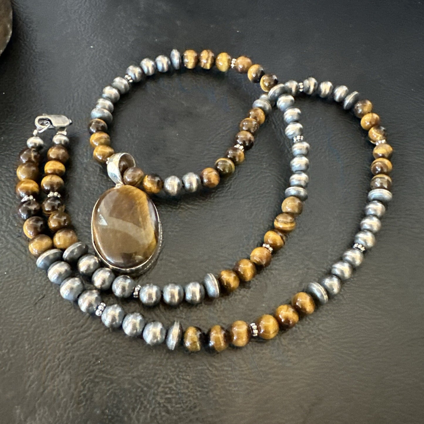 Coffee Brown Tigers Eye Sterling Silver Pendant Necklace Southwestern 18288