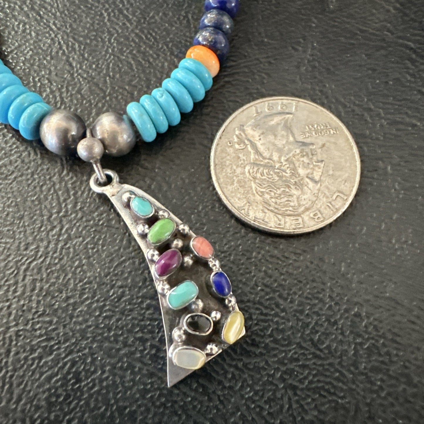 Multicolor Turquoise Spiny Navajo Sterling Silver Cluster Pendant Necklace 19650
