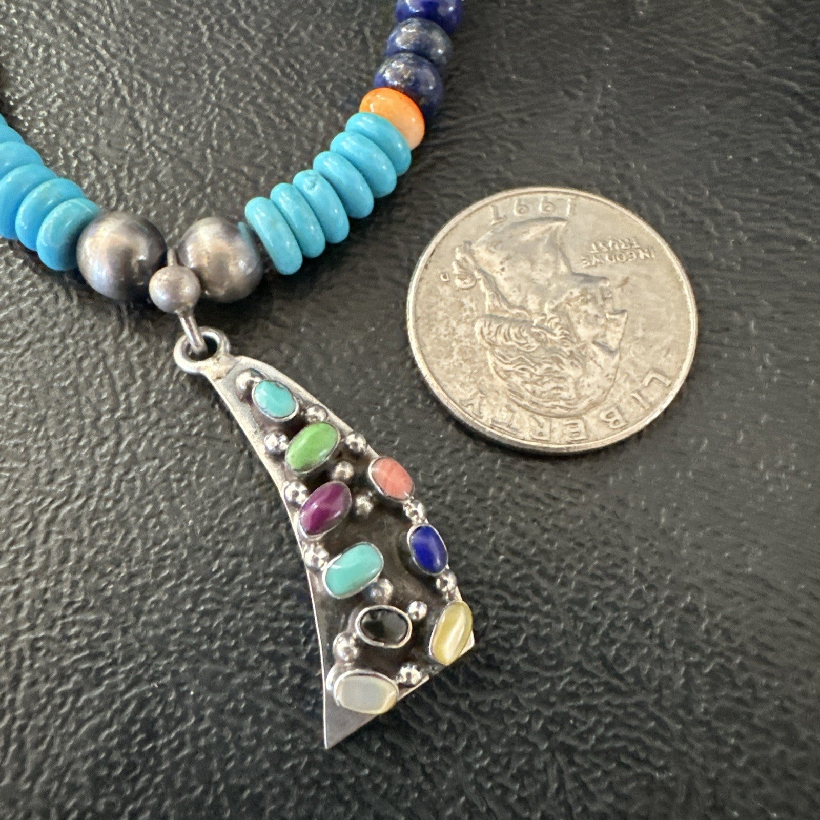 Multicolor Turquoise Spiny Navajo Sterling Silver Cluster Pendant Necklace 19650