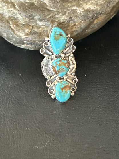 Navajo Blue Kingman Turquoise Ring MultiStone Cluster Sz 8.5 19812