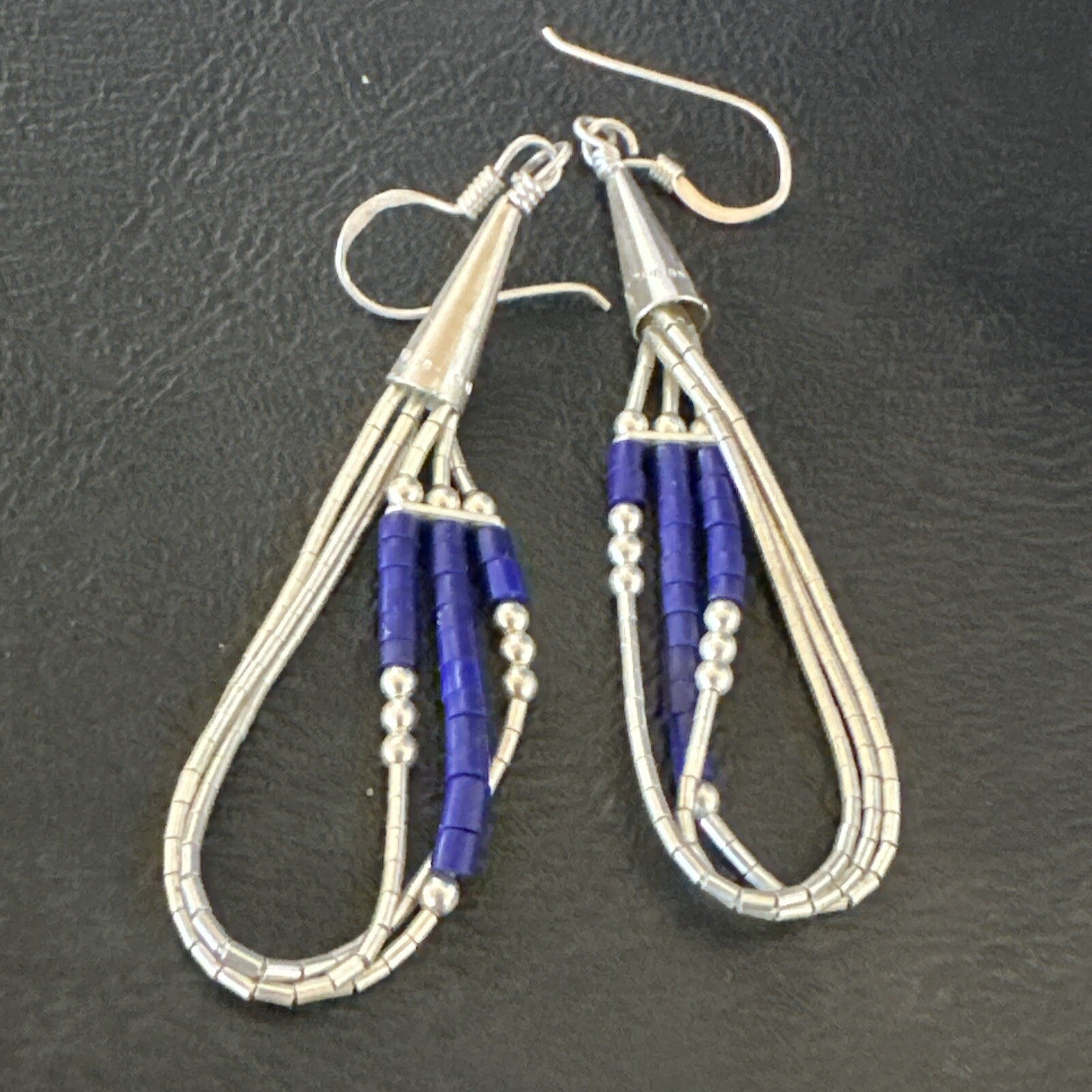 Blue Lapis 3S Heishi Liquid Sterling Silver Dangle Earrings 18099