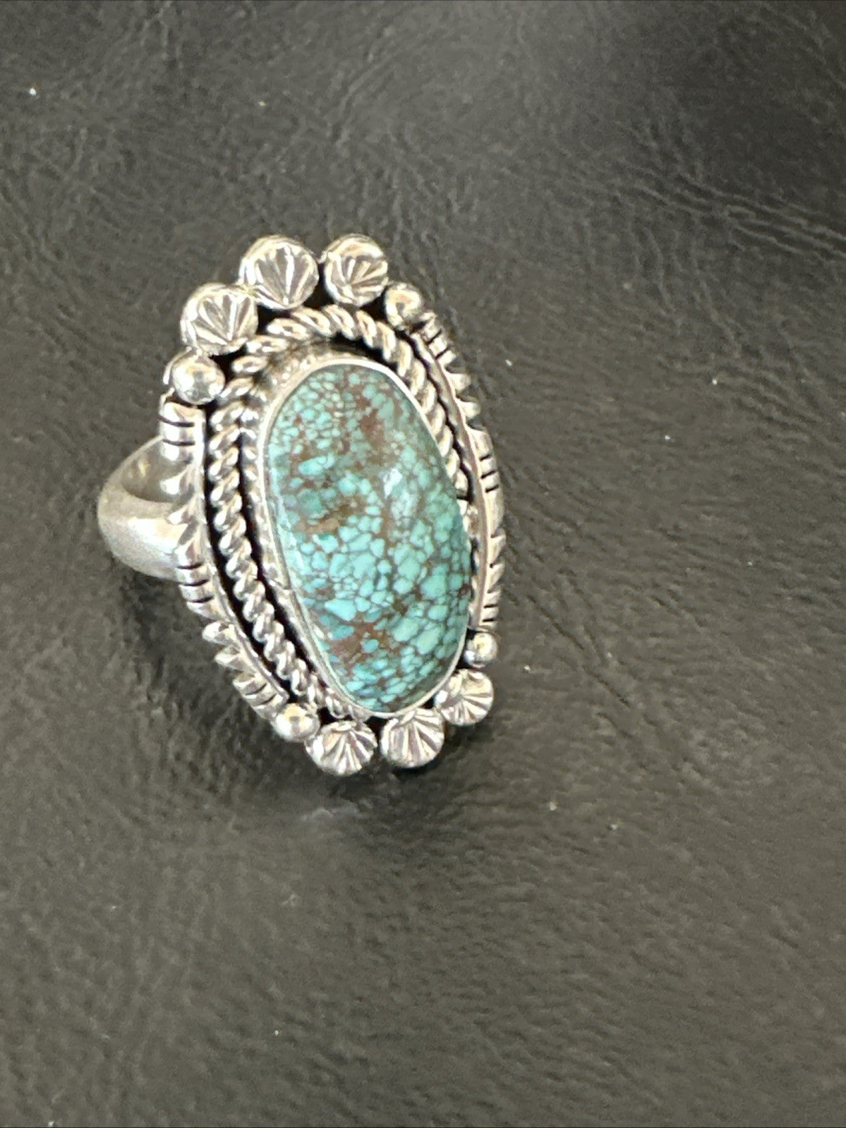 Navajo Sterling Silver Spiderweb Turquoise Adjustable Ring Sz 8 19616
