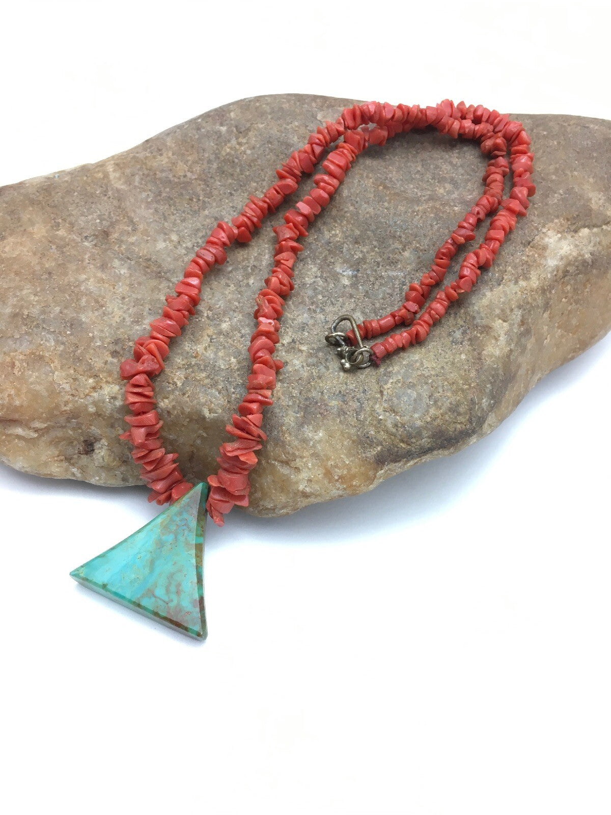Native Kingman Turquoise Pendant Coral Brass Old Pawn Necklace 19" 04029